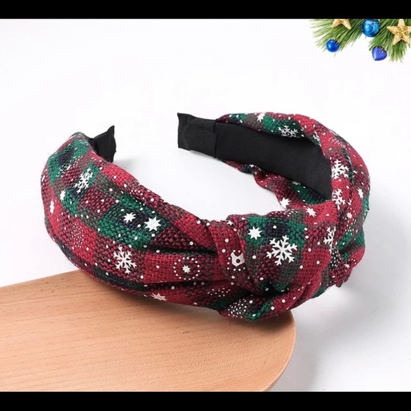 New Christmas Holiday fabric top knot Red black Buffalo plaid flexible headband - Picture 7 of 12